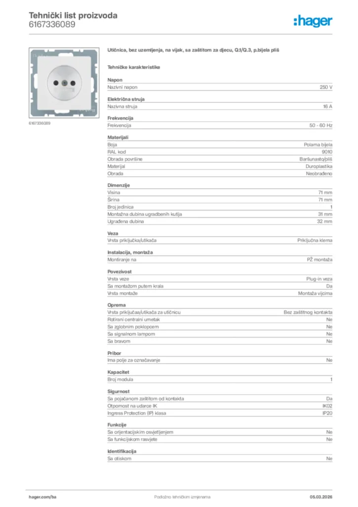Slika Hager Tehnički list proizvoda 6167336089  | Hager