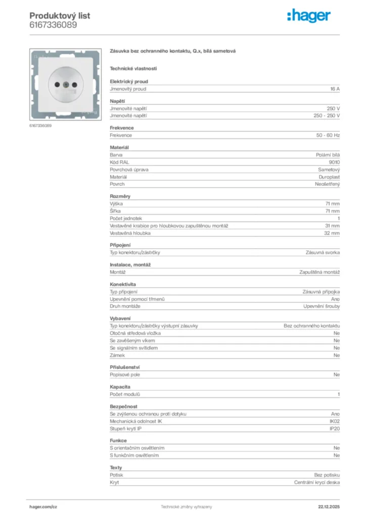 Obrázek Hager Produktový list 6167336089 | Hager