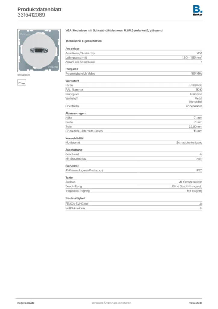 Bild Berker Produktdatenblatt 3315412089 | Hager Deutschland