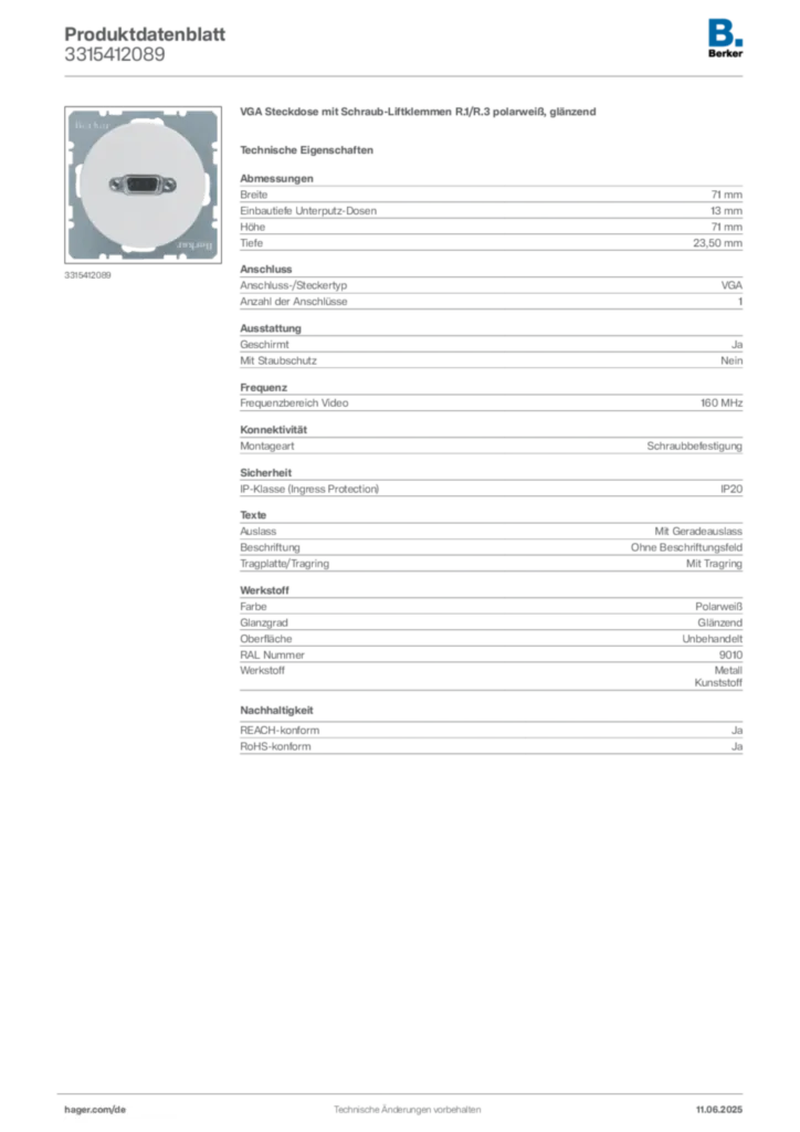 Bild Berker Produktdatenblatt 3315412089 | Hager Deutschland