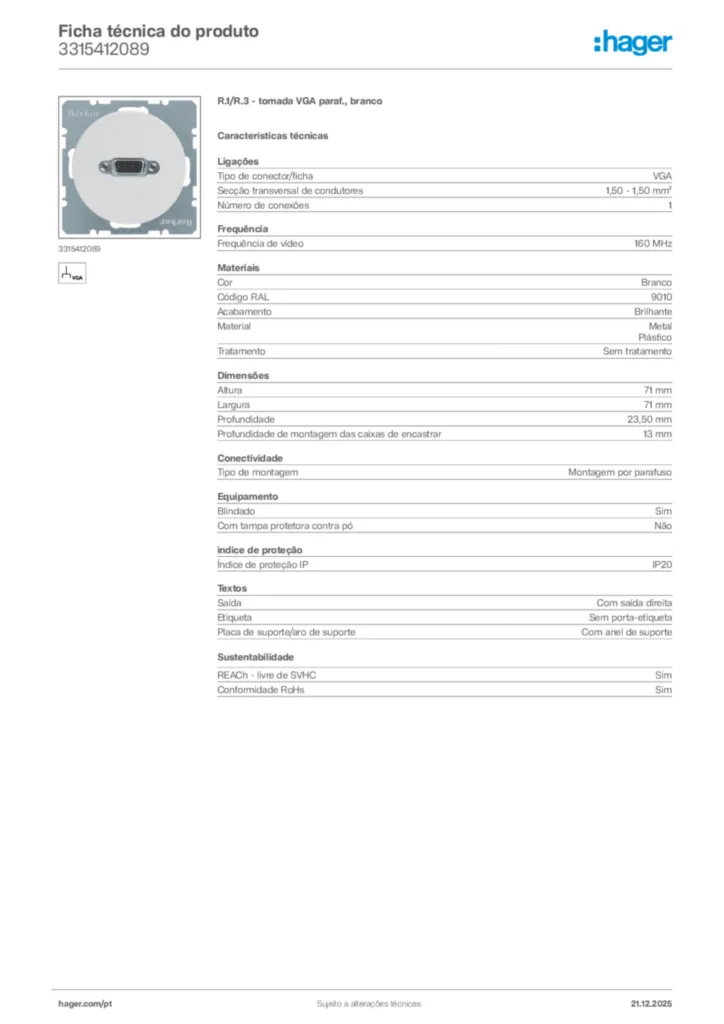 Imagem Hager Ficha técnica do produto 3315412089 | Hager Portugal