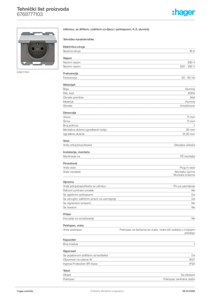 Slika Hager Product data sheet 6768777103  | Hager