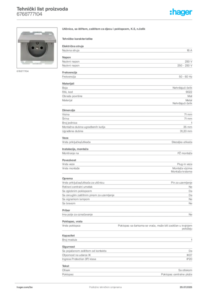 Slika Hager Product data sheet 6768777104  | Hager