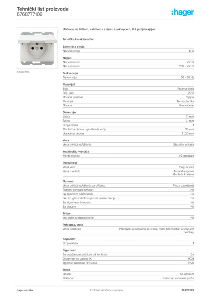 Slika Hager Product data sheet 6768777109  | Hager