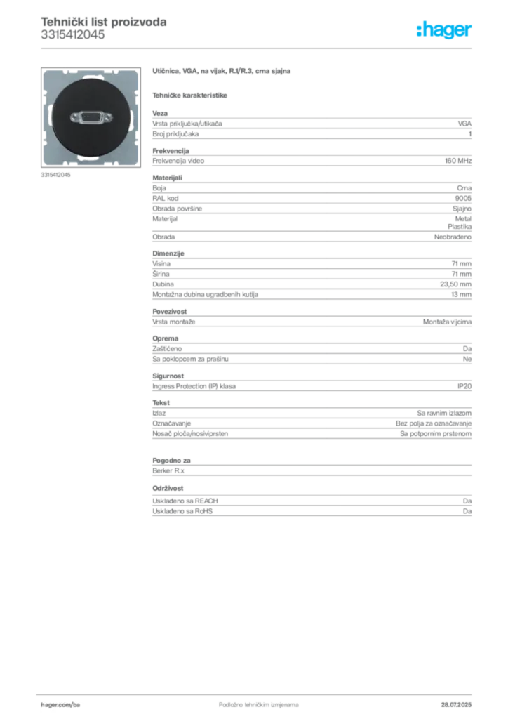 Slika Hager Product data sheet 3315412045  | Hager