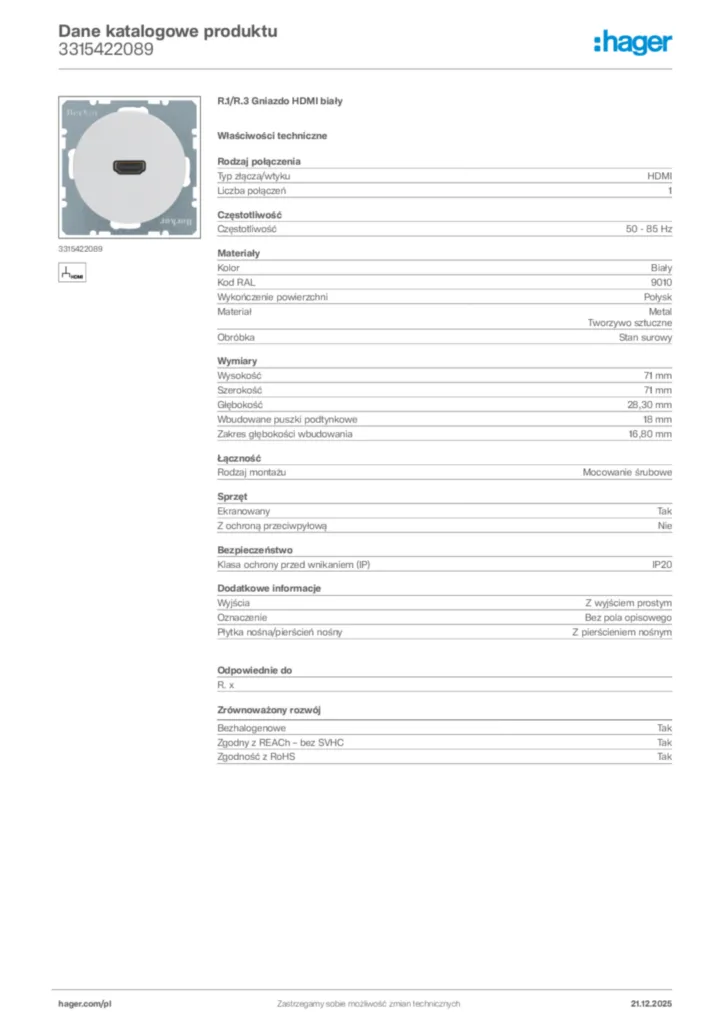 Zdjęcie Hager Dane katalogowe produktu 3315422089 | Hager Polska