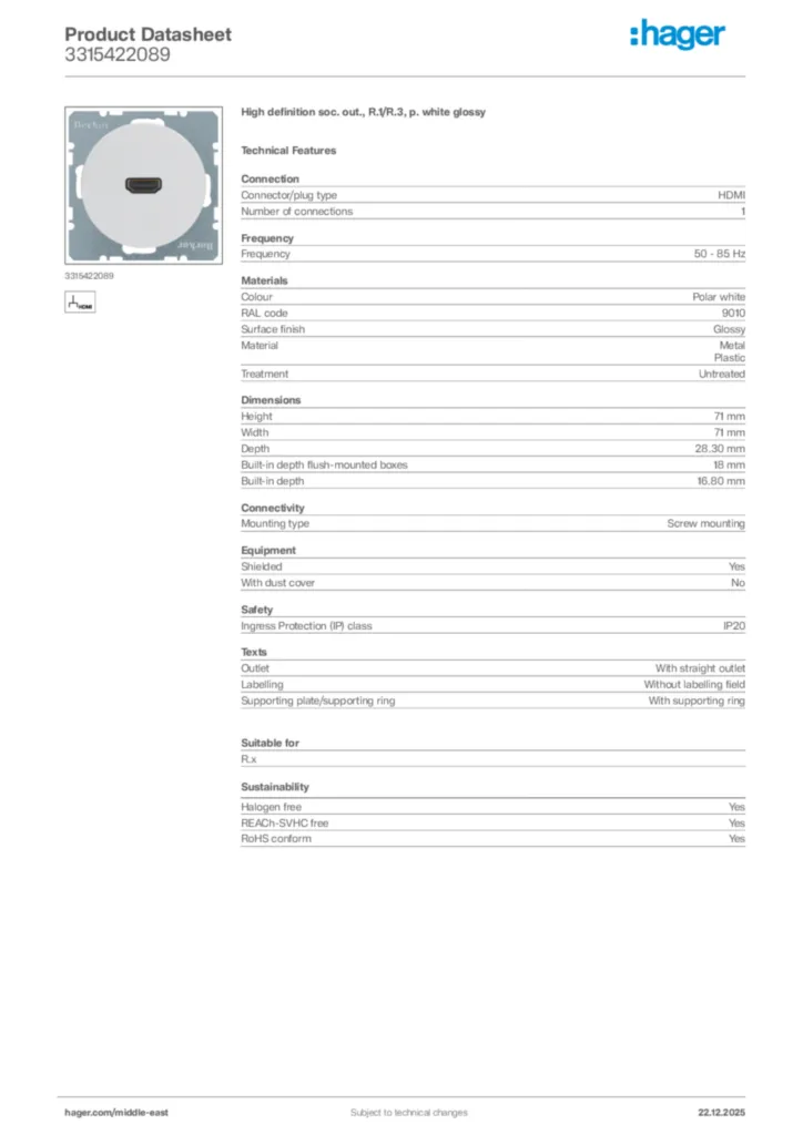 Image Hager Product data sheet 3315422089  | Hager