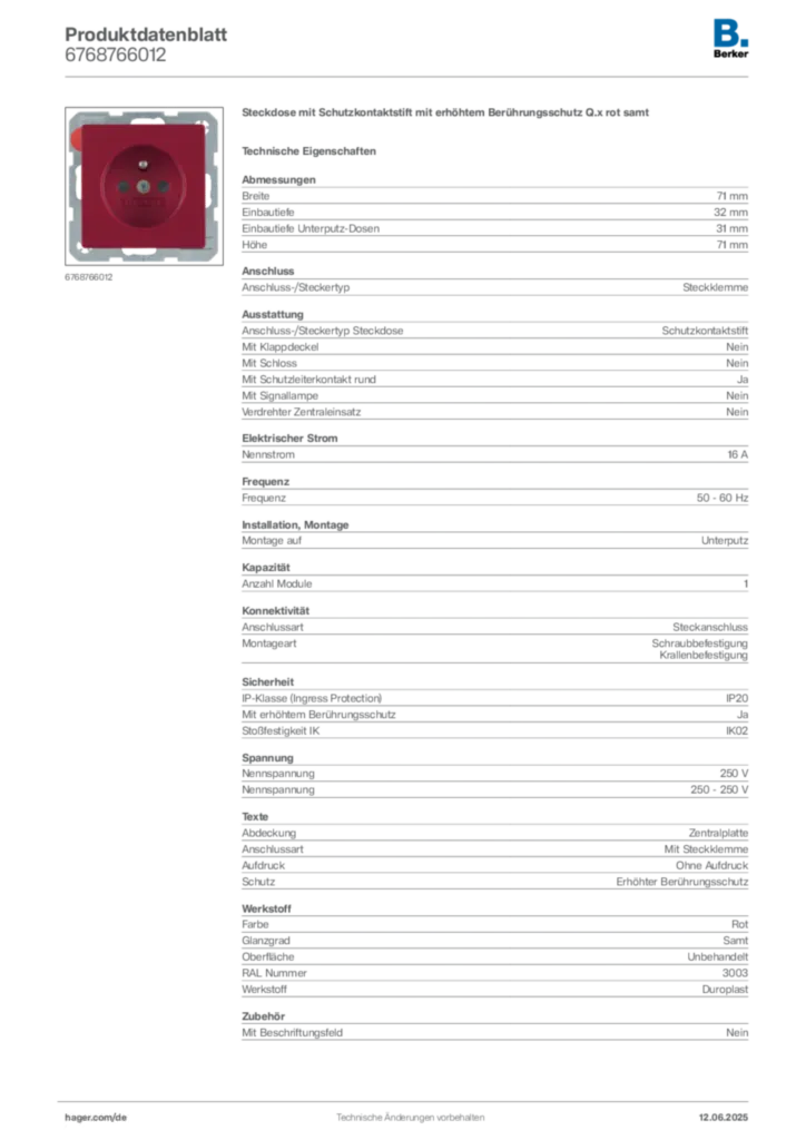 Berker Produktdatenblatt 6768766012