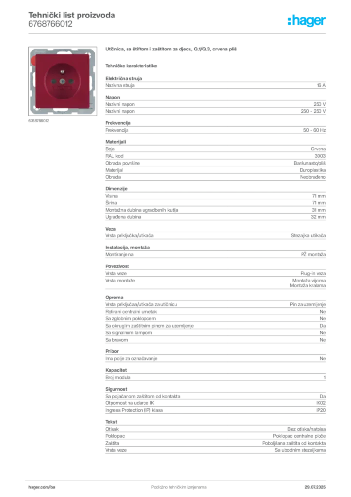 Slika Hager Product data sheet 6768766012  | Hager