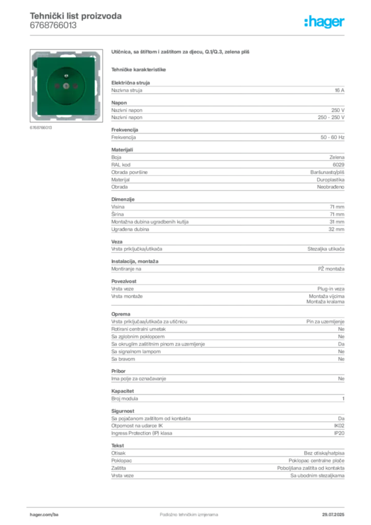 Slika Hager Product data sheet 6768766013  | Hager