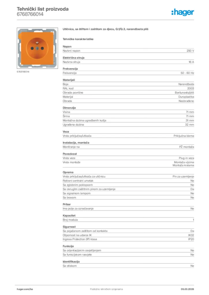 Slika Hager Tehnički list proizvoda 6768766014  | Hager