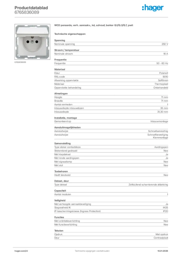 Afbeelding Hager Productdatablad 6765836089 | Hager Nederland