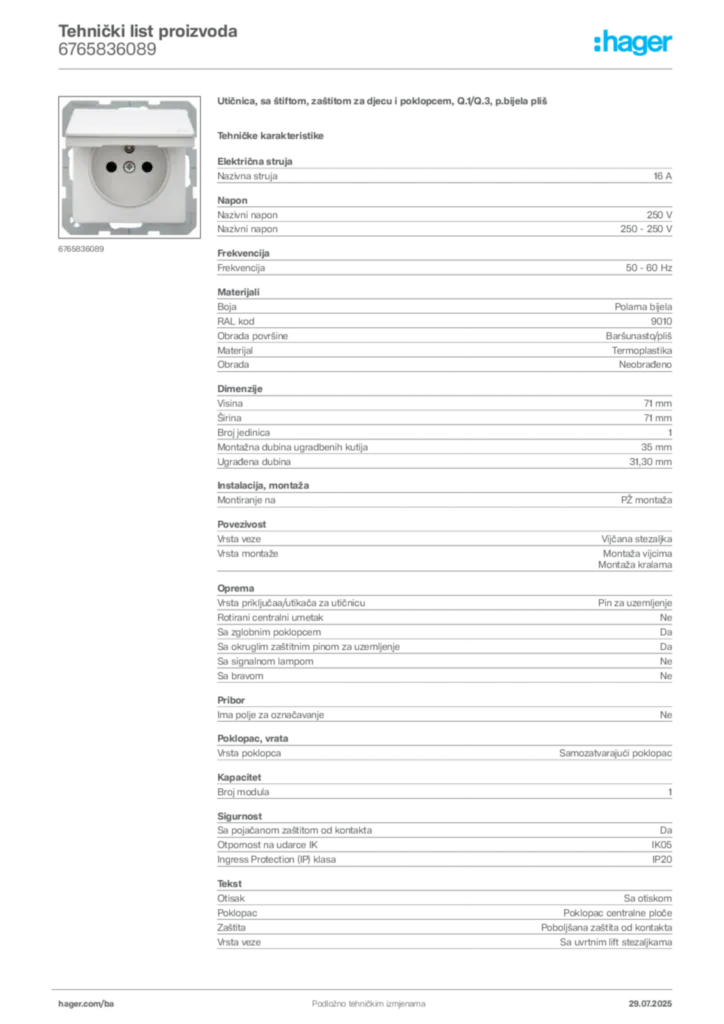 Slika Hager Product data sheet 6765836089  | Hager