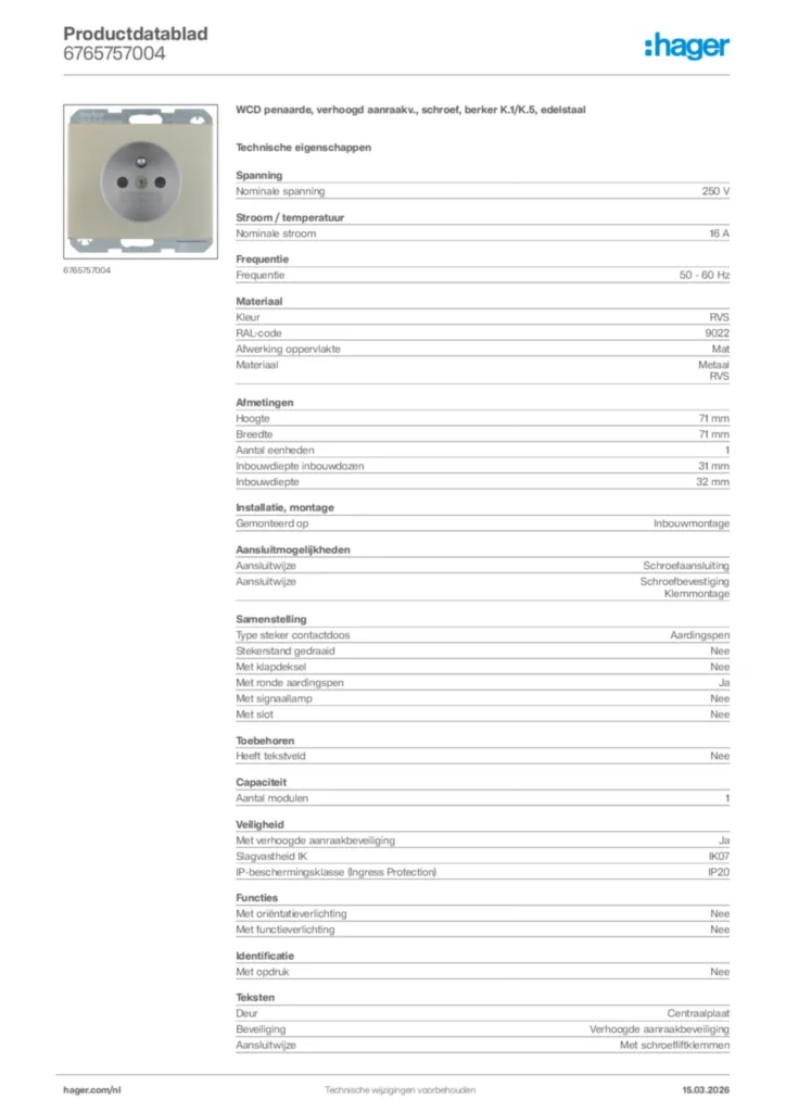 Afbeelding Hager Productdatablad 6765757004 | Hager Nederland