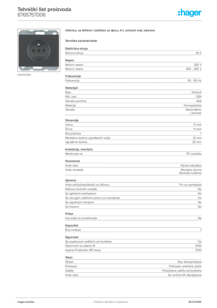 Slika Hager Product data sheet 6765757006  | Hager