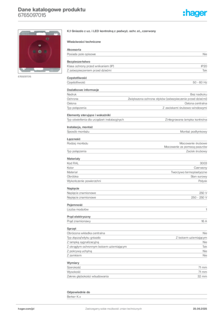 Zdjęcie Hager Dane katalogowe produktu 6765097015 | Hager Polska