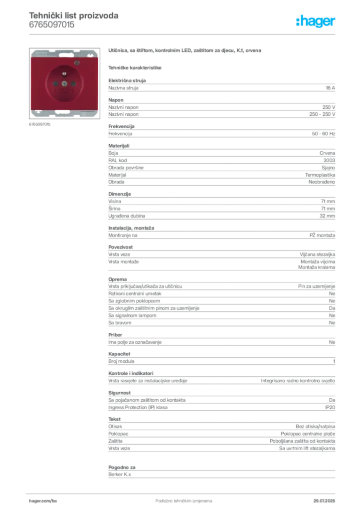 Slika Hager Product data sheet 6765097015  | Hager