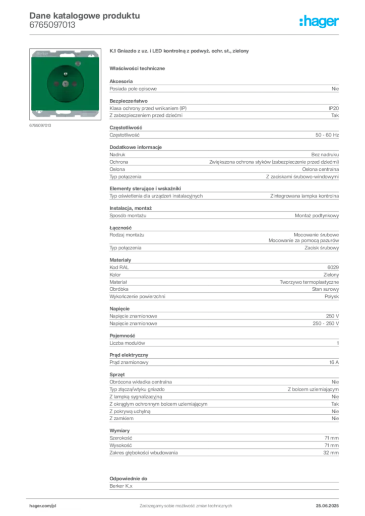 Zdjęcie Hager Dane katalogowe produktu 6765097013 | Hager Polska