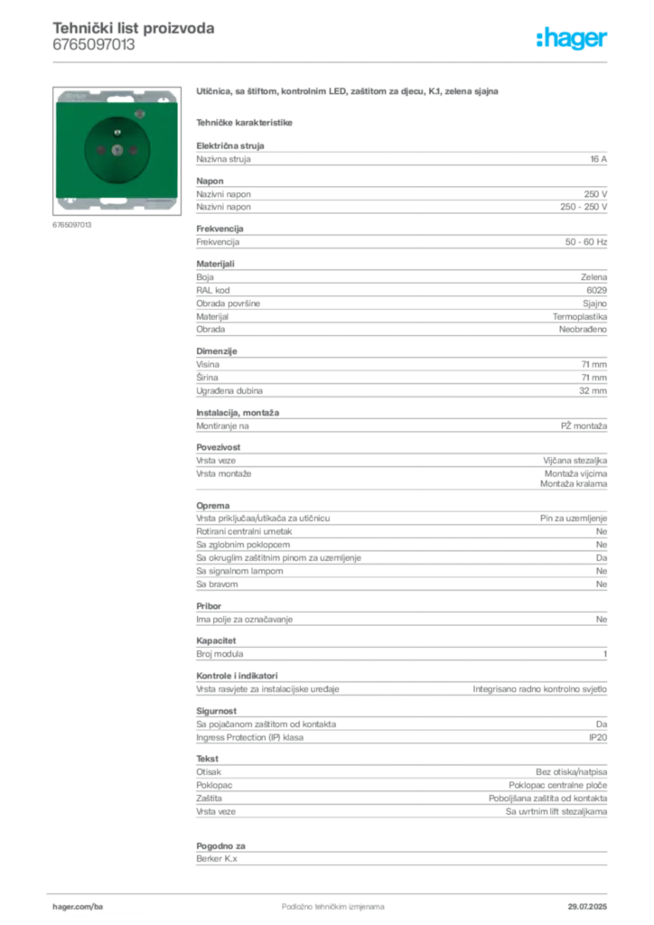 Slika Hager Product data sheet 6765097013  | Hager