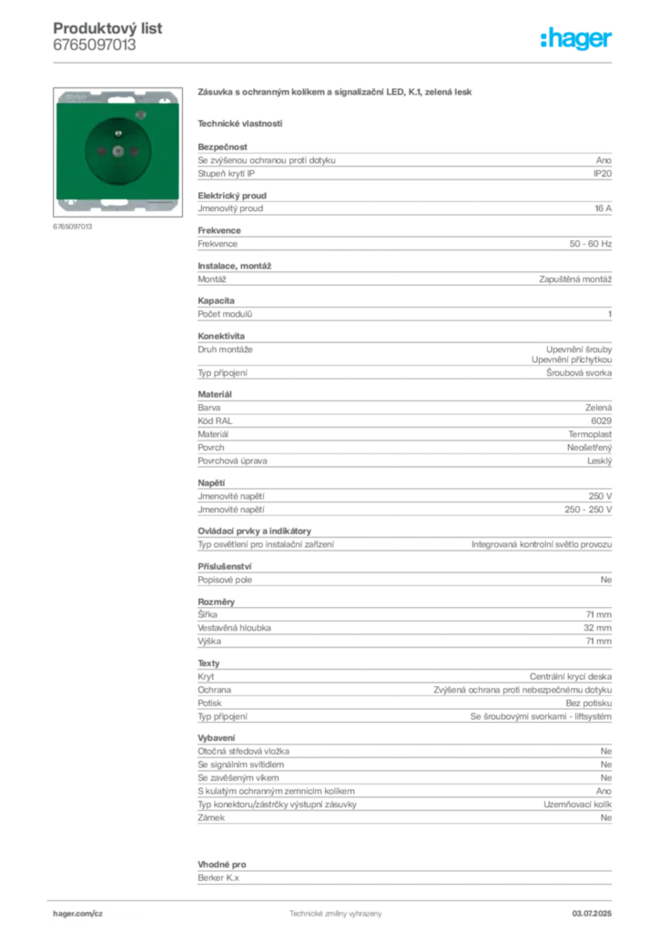 Obrázek Hager Produktový list 6765097013 | Hager