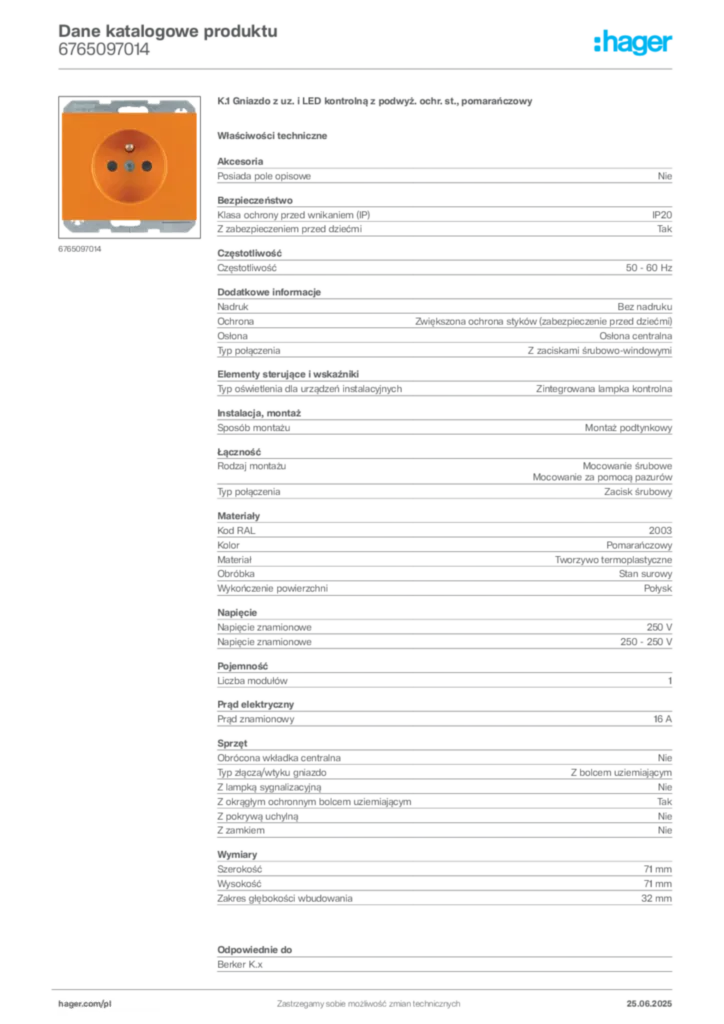 Zdjęcie Hager Dane katalogowe produktu 6765097014 | Hager Polska