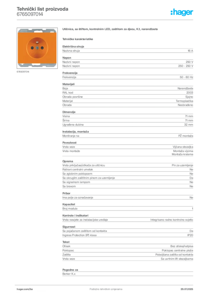 Slika Hager Product data sheet 6765097014  | Hager
