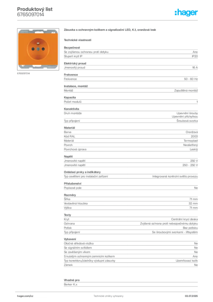 Obrázek Hager Produktový list 6765097014 | Hager