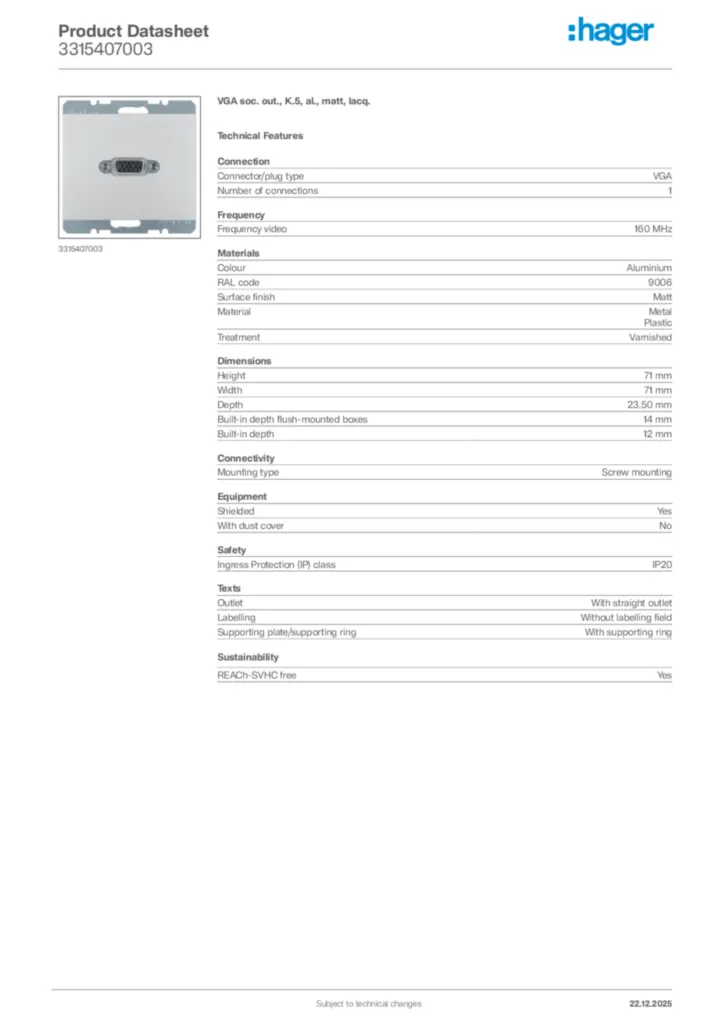 Image Hager Product data sheet 3315407003  | Hager Africa