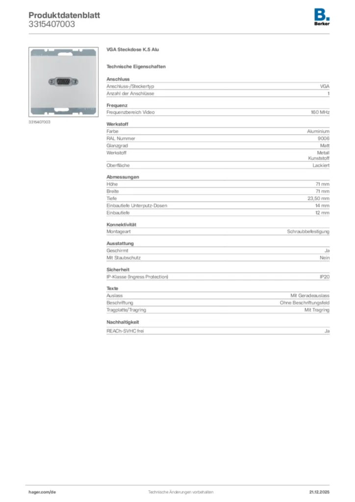 Bild Berker Produktdatenblatt 3315407003 | Hager Deutschland