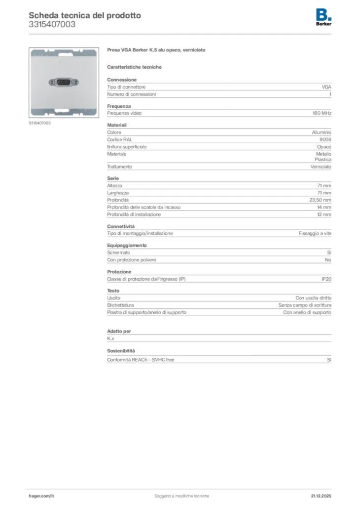 Immagine Berker Scheda tecnica del prodotto 3315407003 | Hager Italia
