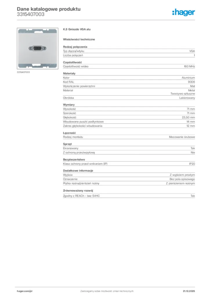 Zdjęcie Hager Dane katalogowe produktu 3315407003 | Hager Polska