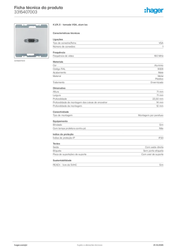 Imagem Hager Ficha técnica do produto 3315407003 | Hager Portugal