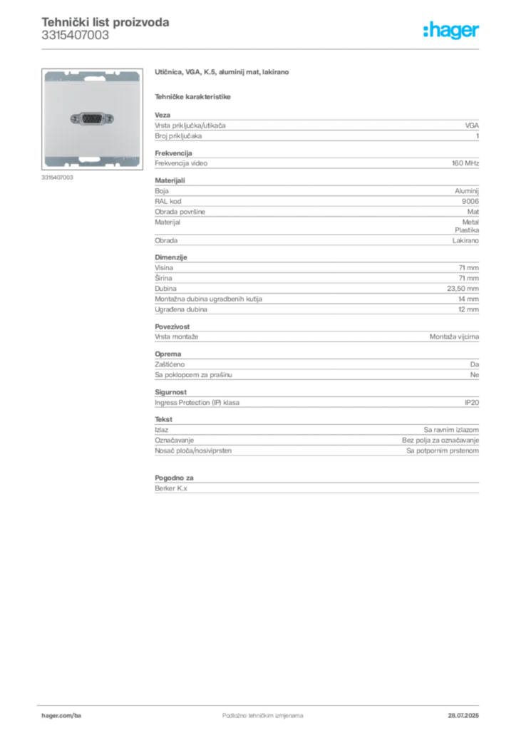 Slika Hager Product data sheet 3315407003  | Hager