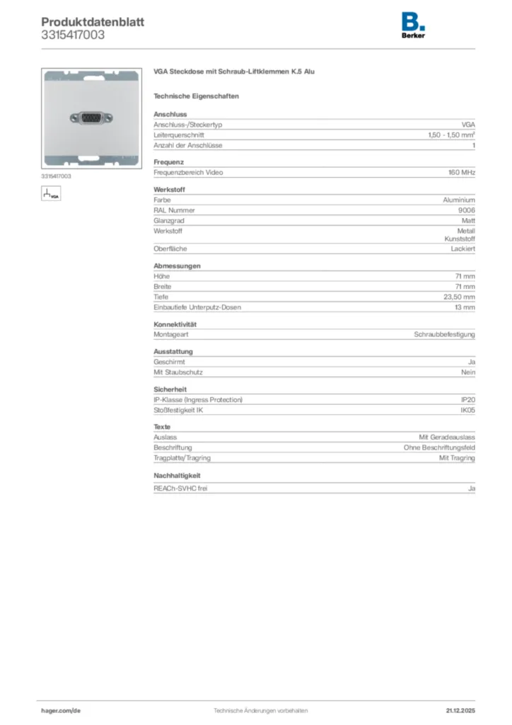Bild Berker Produktdatenblatt 3315417003 | Hager Deutschland