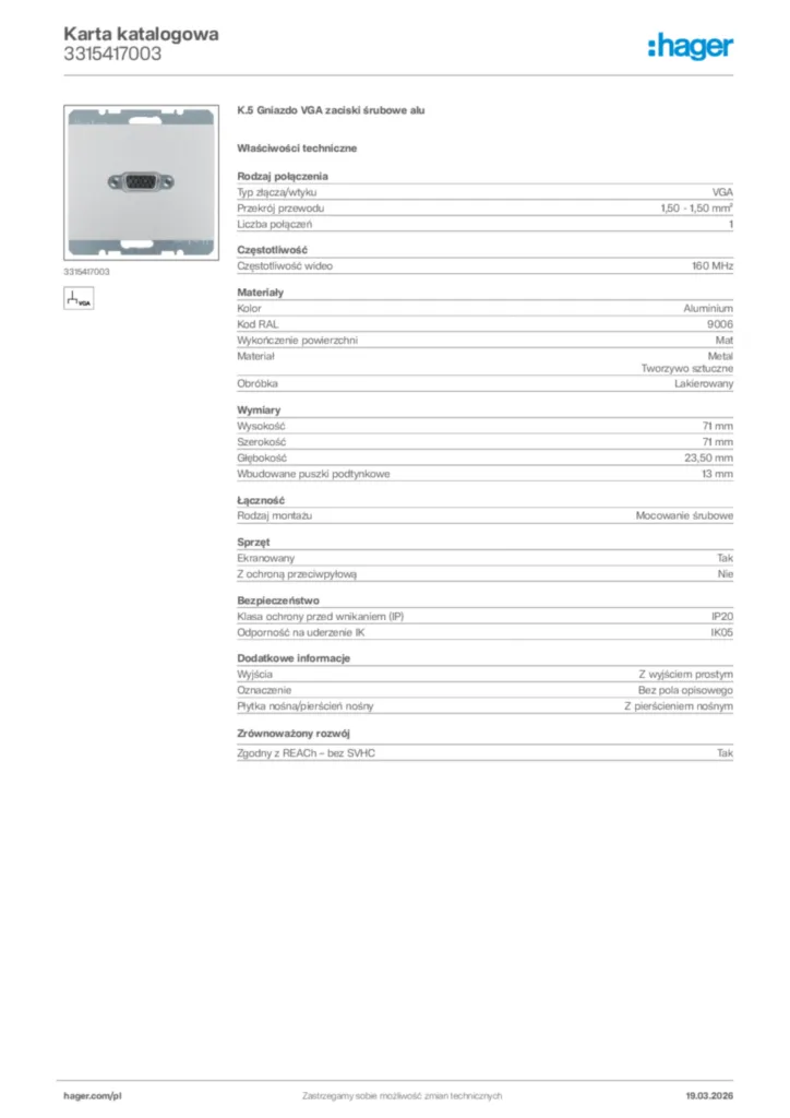 Zdjęcie Hager Karta katalogowa 3315417003 | Hager Polska