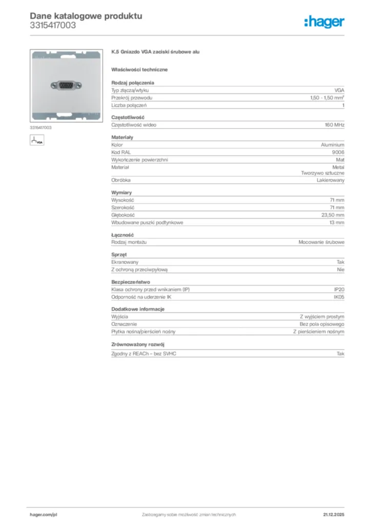 Zdjęcie Hager Dane katalogowe produktu 3315417003 | Hager Polska