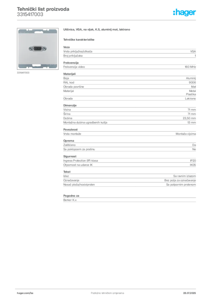 Slika Hager Product data sheet 3315417003  | Hager