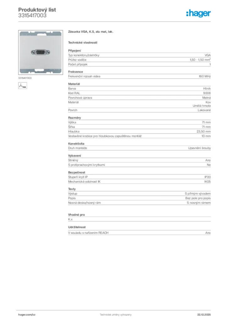Obrázek Hager Produktový list 3315417003 | Hager