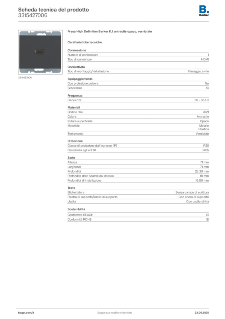 Immagine Berker Scheda tecnica del prodotto 3315427006 | Hager Italia
