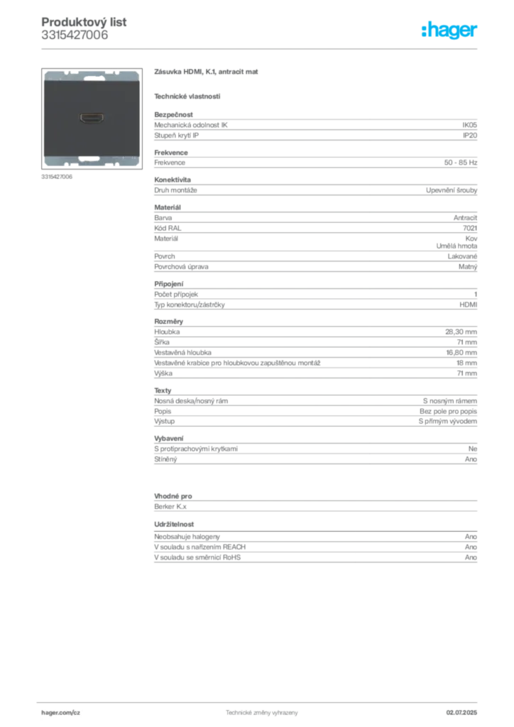 Obrázek Hager Produktový list 3315427006 | Hager