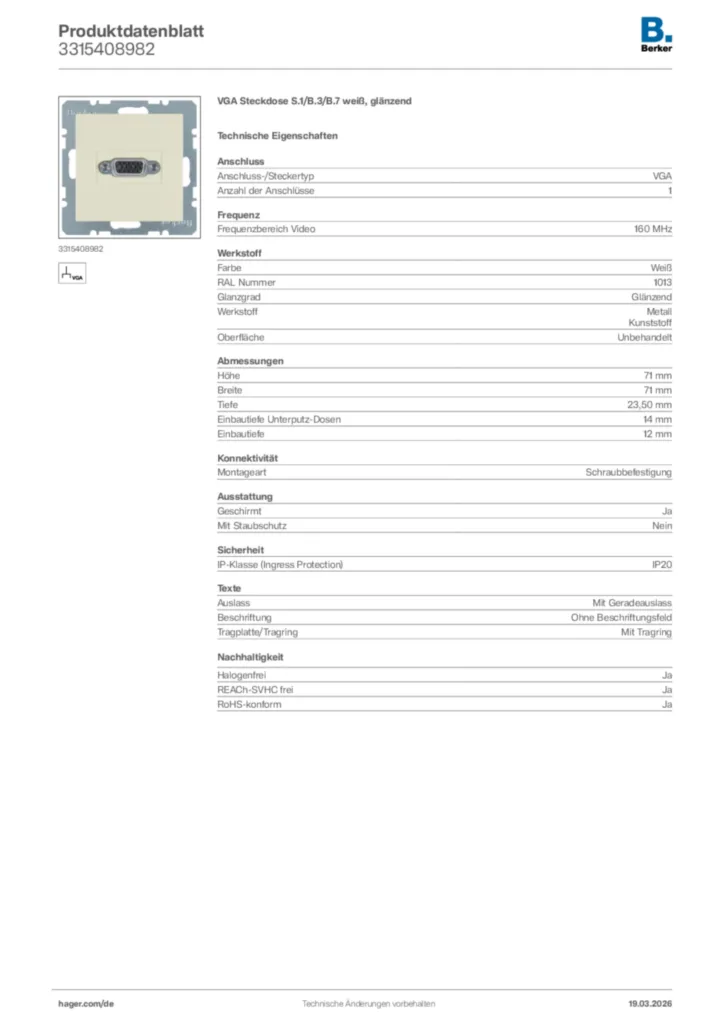 Bild Berker Produktdatenblatt 3315408982 | Hager Deutschland