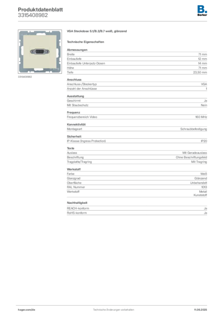 Bild Berker Produktdatenblatt 3315408982 | Hager Deutschland