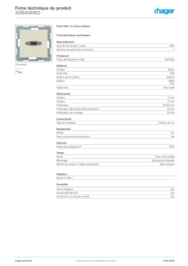 Image Hager Fiche technique du produit 3315408982 | Hager Belgique