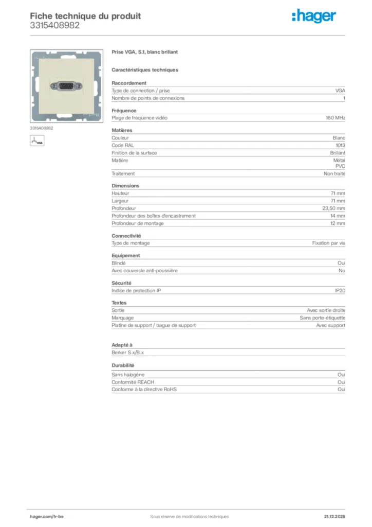 Image Hager Fiche technique du produit 3315408982 | Hager Belgique