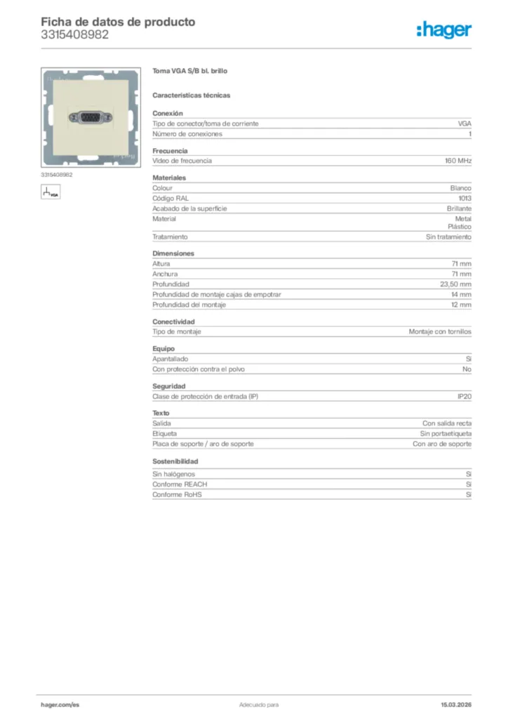 Imagen Hager Ficha de datos de producto 3315408982 | Hager España