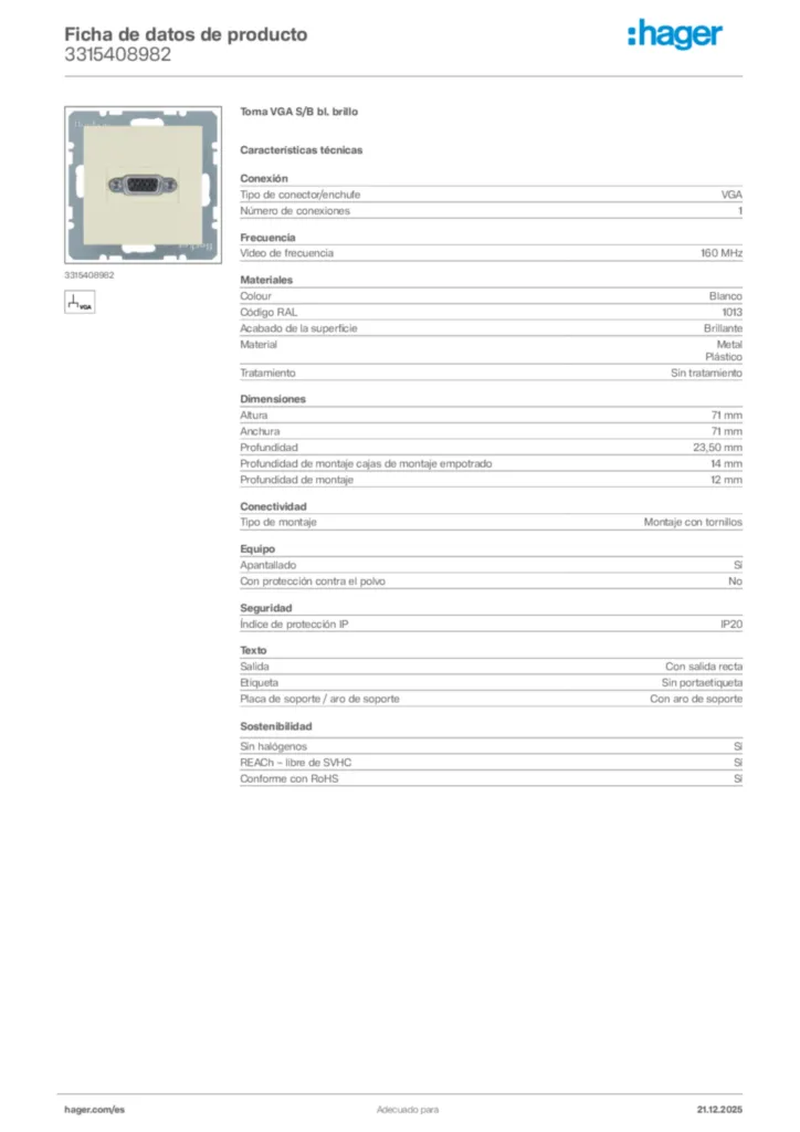 Imagen Hager Ficha de datos de producto 3315408982 | Hager España