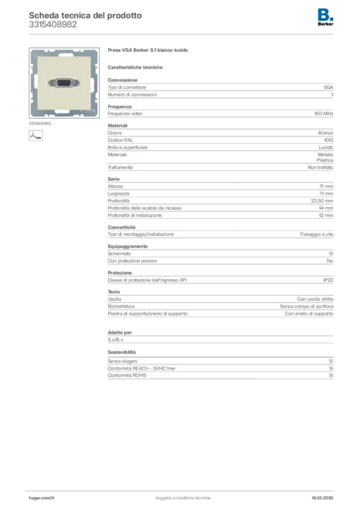 Immagine Berker Scheda tecnica del prodotto 3315408982 | Hager Italia