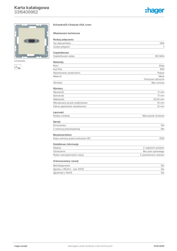 Zdjęcie Hager Karta katalogowa 3315408982 | Hager Polska