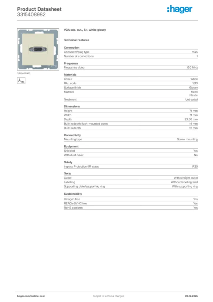 Image Hager Product data sheet 3315408982  | Hager