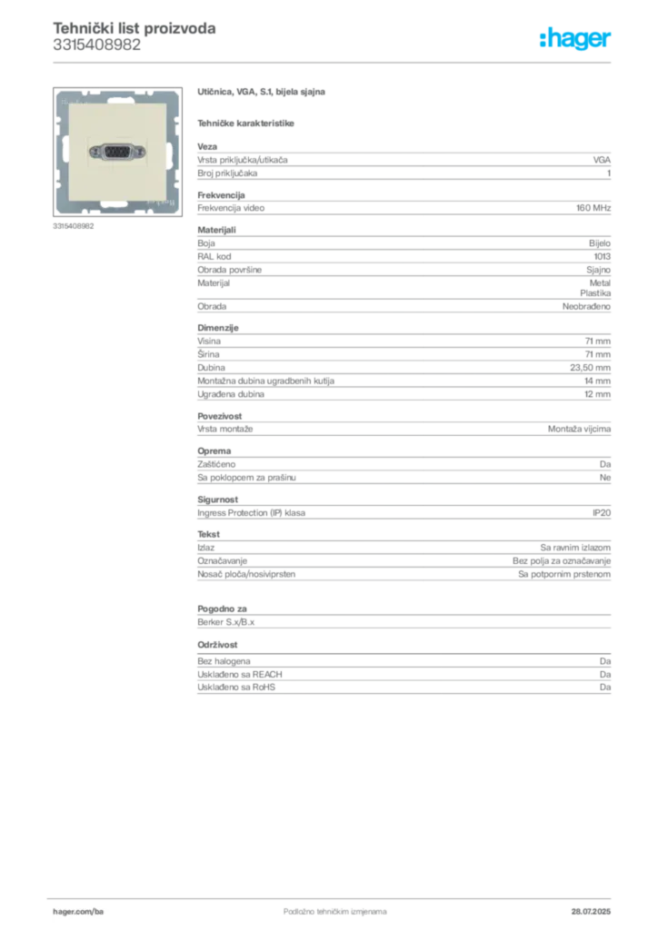 Slika Hager Product data sheet 3315408982  | Hager